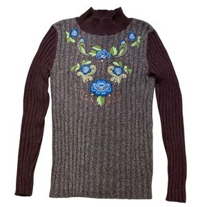 Sundance Women's Floral Embroidered Pullover Mock Neck Sweater Size M Brown